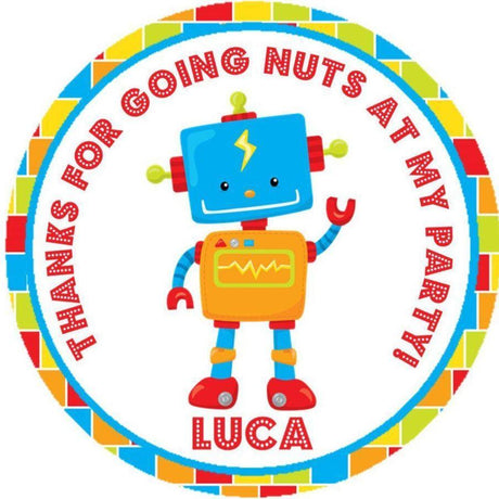 Blue and orange robot birthday sticker with personalized name