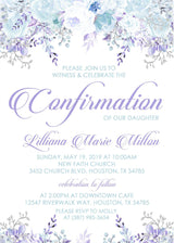 Blue and purple floral confirmation invitation for religious celebrations