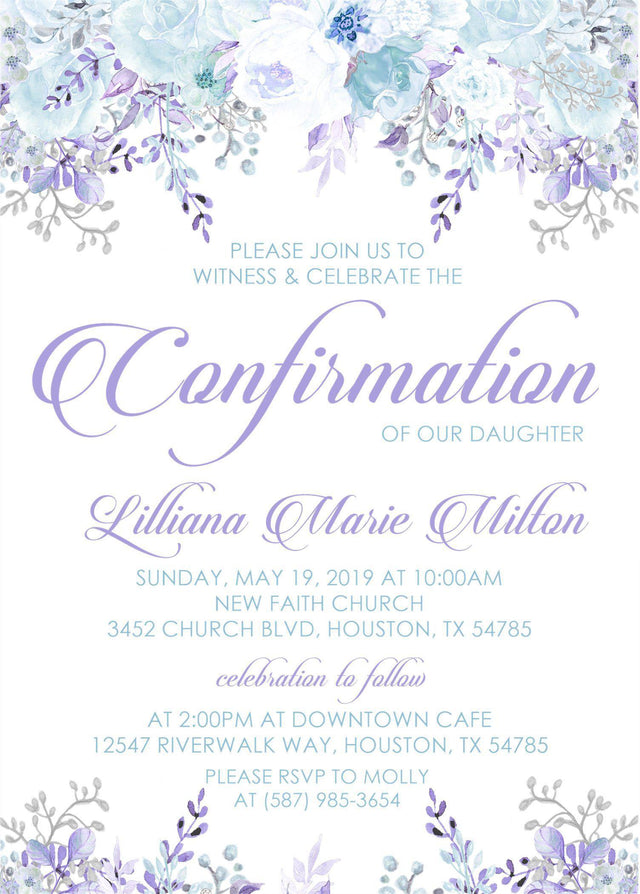 Blue and purple floral confirmation invitation for religious celebrations