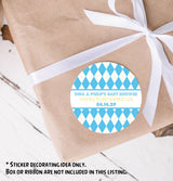 Blue and yellow argyle pattern baby shower thank-you sticker.