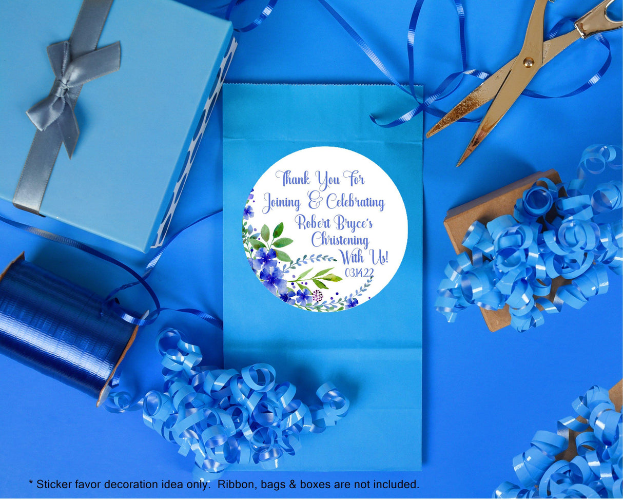 Blue botanical First Holy Communion sticker design
