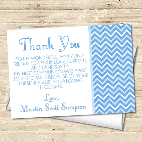 Blue chevron communion thank you cards modern geometric design