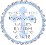 Blue damask Baptism sticker with scalloped edge