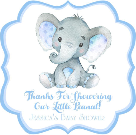 Blue elephant baby shower stickers