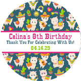 Blue fiesta party favor label with cactus and sombreros