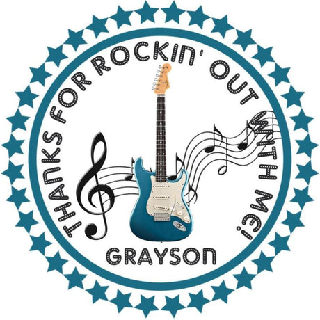 Blue guitar rock star birthday sticker with musical notes