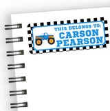 Blue monster truck back to school name label with checkered racing border