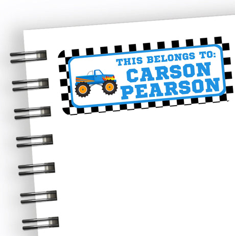 Blue monster truck back to school name label with checkered racing border
