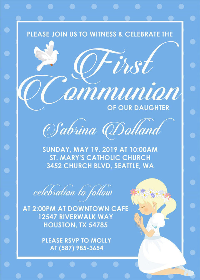Blue polka dot first holy communion invitation for girls