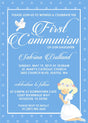 Blue polka dot first holy communion invitation for girls