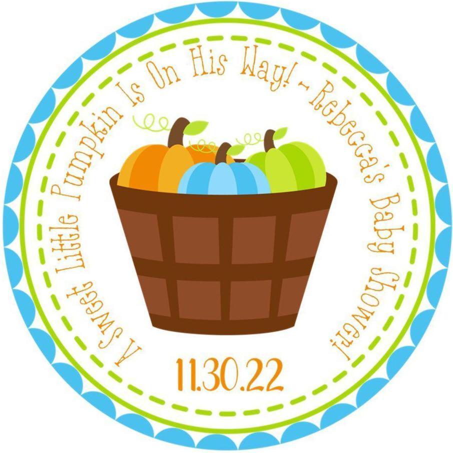 Blue pumpkin basket baby shower sticker with colorful pumpkins