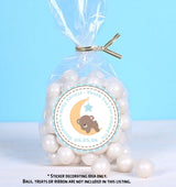 Blue sleepy bear baby shower sticker with moon and hanging star