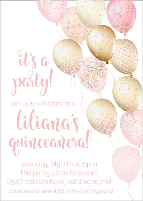 Blush Pink And Gold Balloon Quinceanera Invitations