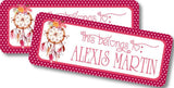 Boho dreamcatcher back to school name label with red and pink tones