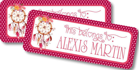 Boho dreamcatcher back to school name label with red and pink tones