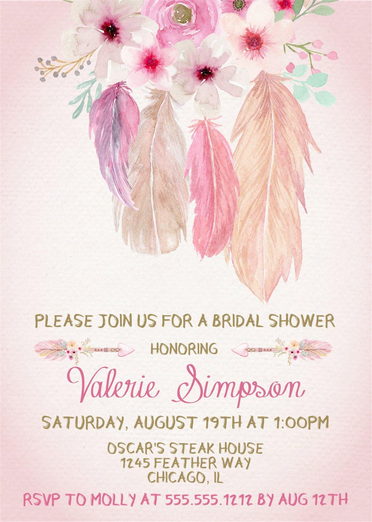 Boho feather bridal shower invitation with pink watercolor feathers
