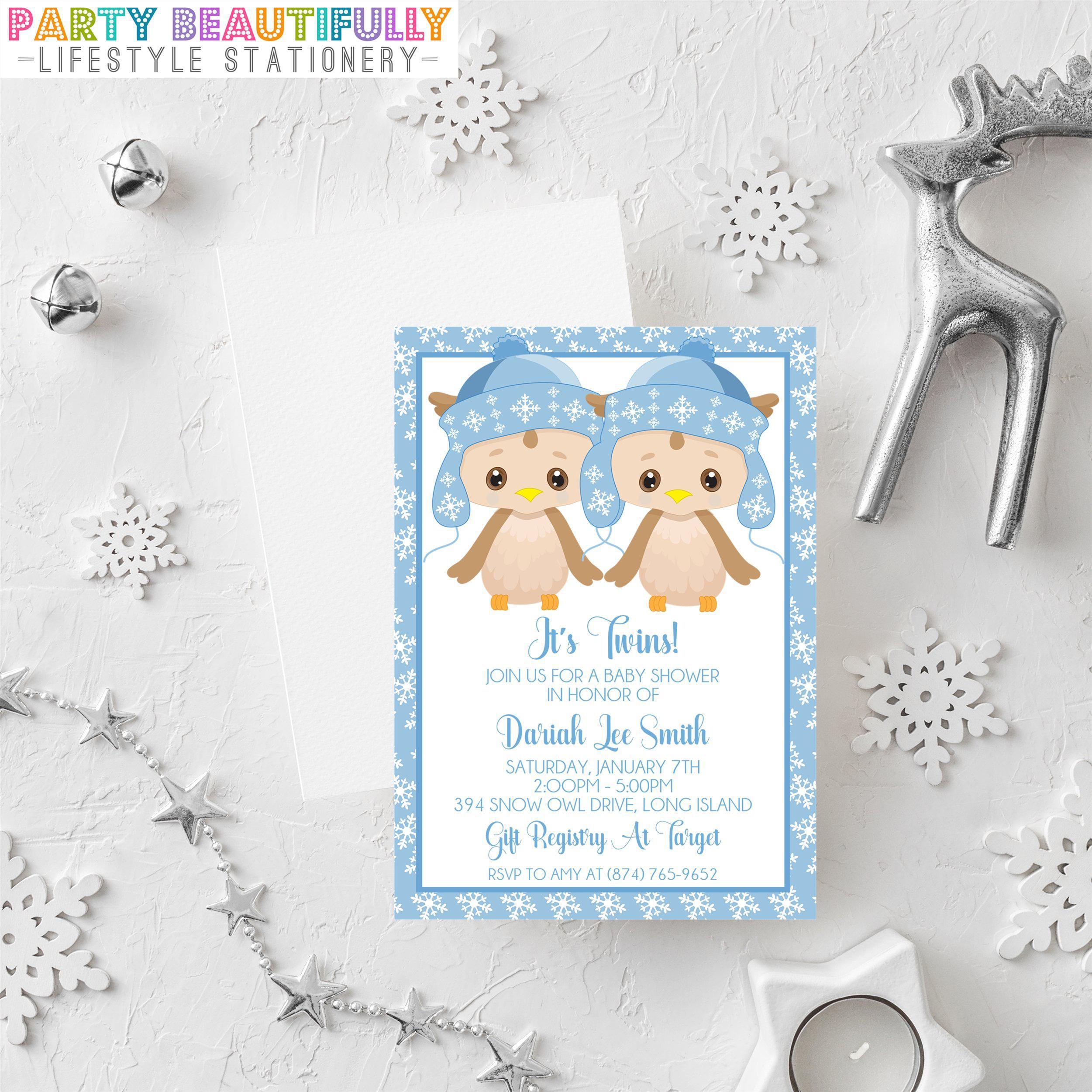 Boy Twins Winter Snowflake Baby Shower Invitations