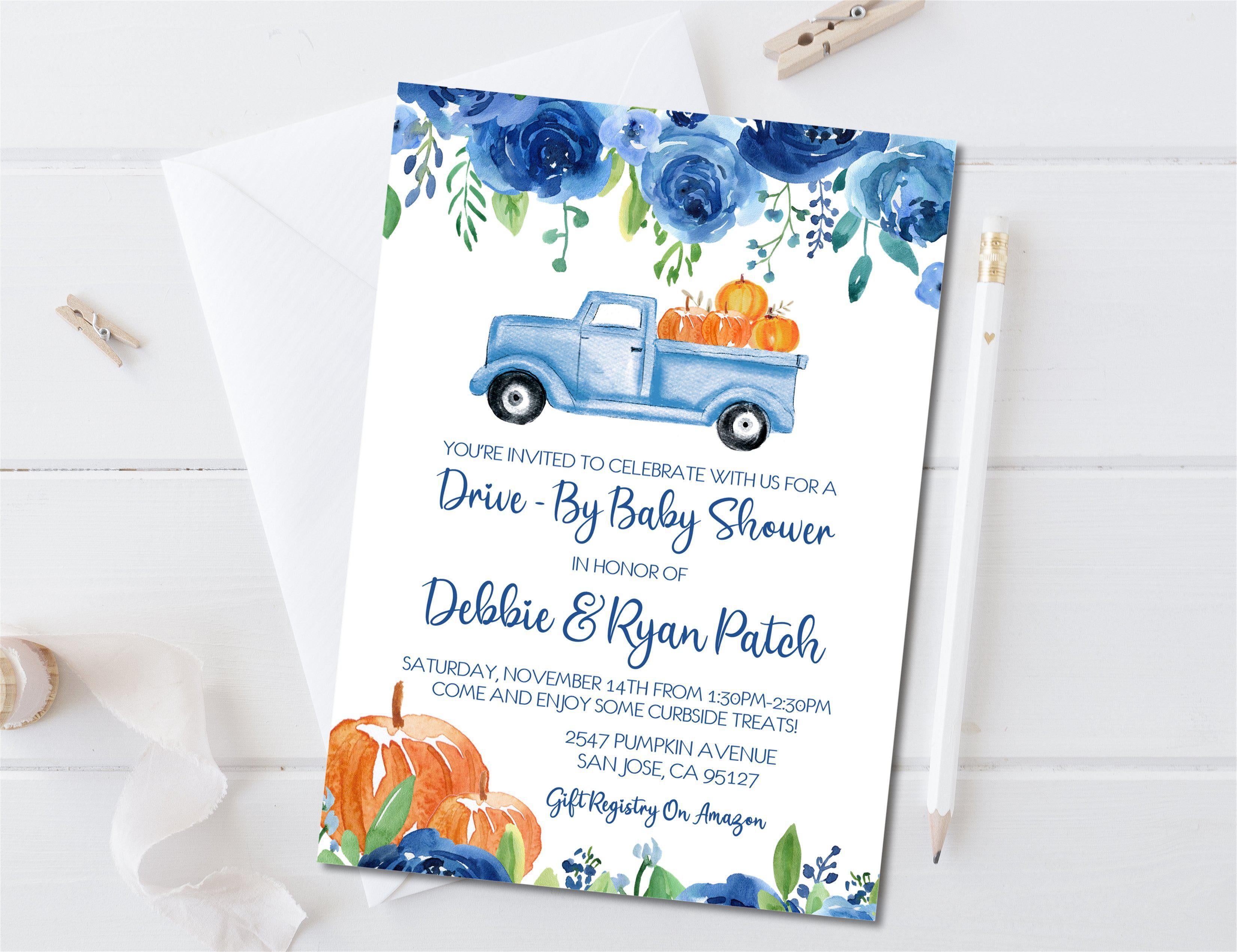 Boys Fall Pumpkin Drive By Baby Shower Invitations