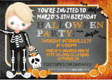 Boys skeleton halloween costume birthday party invitation