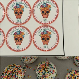 Bright floral sugar skull sticker for kids’ birthday parties