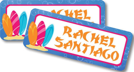 Bright surf theme school supply labels