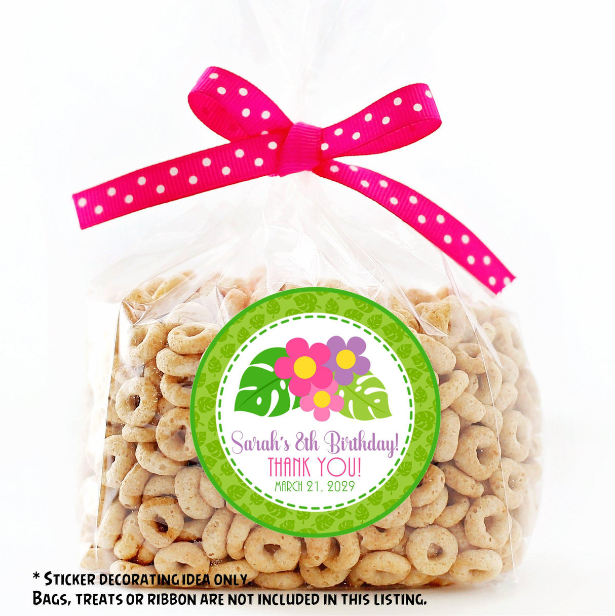Bright tropical flower birthday sticker for treat bags