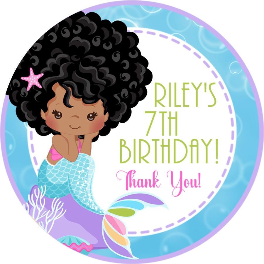 Brown-skinned mermaid birthday sticker with aqua tail and pastel background