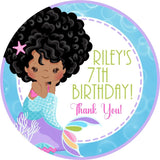 Brown-skinned mermaid birthday sticker with aqua tail and pastel background