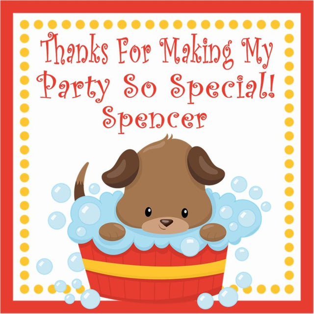 Brown puppy bubble bath birthday sticker with red tub