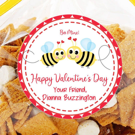 Bumble bee Valentine sticker with hearts and personalized name

