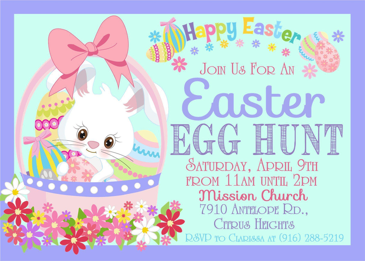 Bunny basket Easter egg hunt invitation with colorful flowers