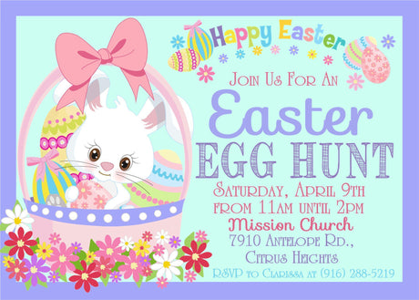 Bunny basket Easter egg hunt invitation with colorful flowers