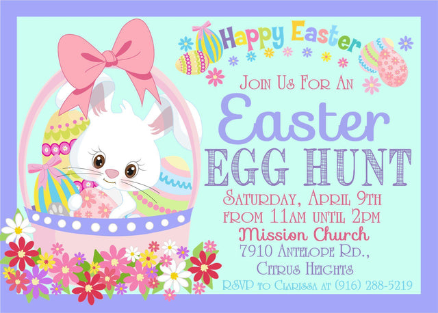Bunny basket Easter egg hunt invitation with colorful flowers