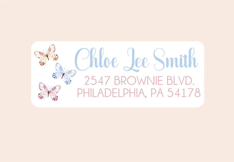 Butterfly address labels with blue and pink butterflies