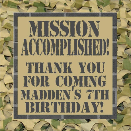 Camouflage Mission Accomplished Army Birthday Sticker Personalized