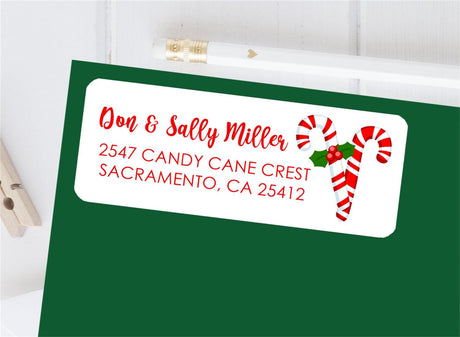 Candy cane crest Christmas address labels on envelope