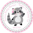 Cartoon woodland raccoon baby shower stickers with pink details.