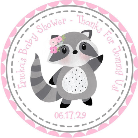 Cartoon woodland raccoon baby shower stickers with pink details.