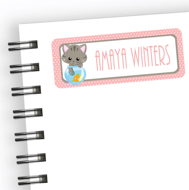 Cat back to school name label with pink and gray design