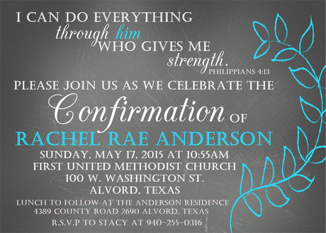 Chalkboard And Turquoise Confirmation Invitations