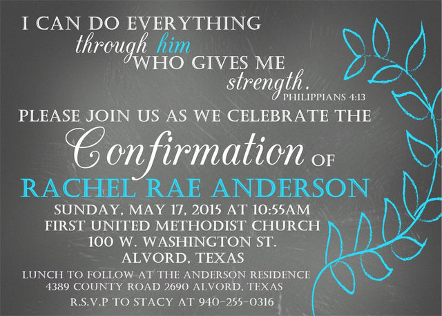Chalkboard And Turquoise Confirmation Invitations