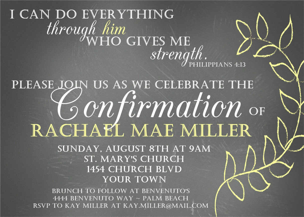 Chalkboard and yellow Confirmation invitation