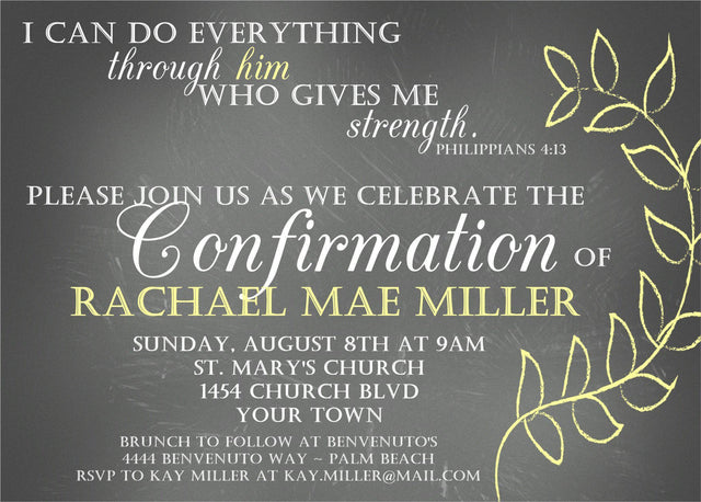 Chalkboard and yellow Confirmation invitation