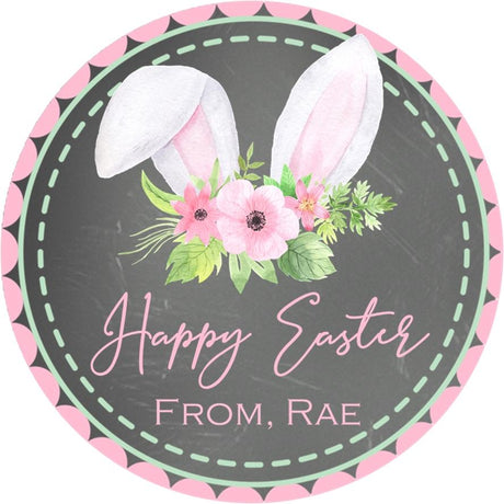 Chalkboard floral bunny ears Easter sticker with soft pink flowers