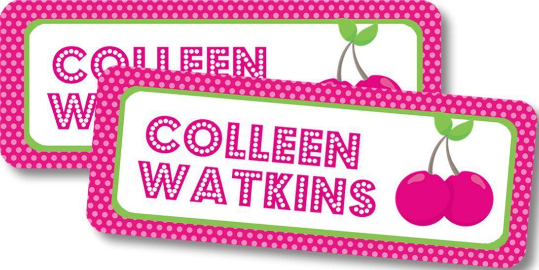 Cherry name label with pink polka dot border