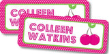 Cherry name label with pink polka dot border