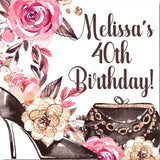 Chic floral birthday favor label with purse and heels