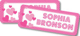 Children’s school labels with pink hearts and custom name text