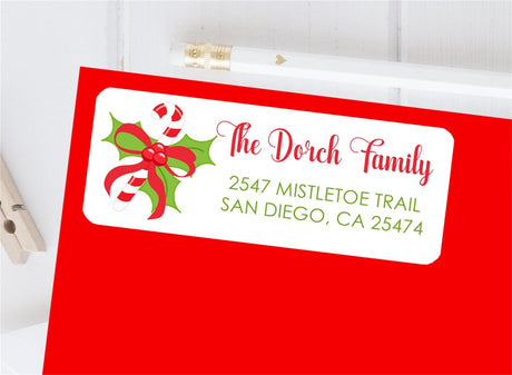 Christmas candy cane return address labels on envelope