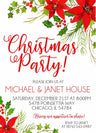 Christmas party invitation featuring festive poinsettias and holiday greenery
